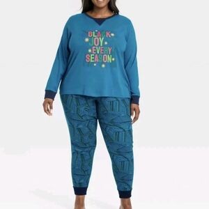 Wondershop Women's Christmas Pajamas 2X Black Joy Print Teal Blue Cotton Holiday